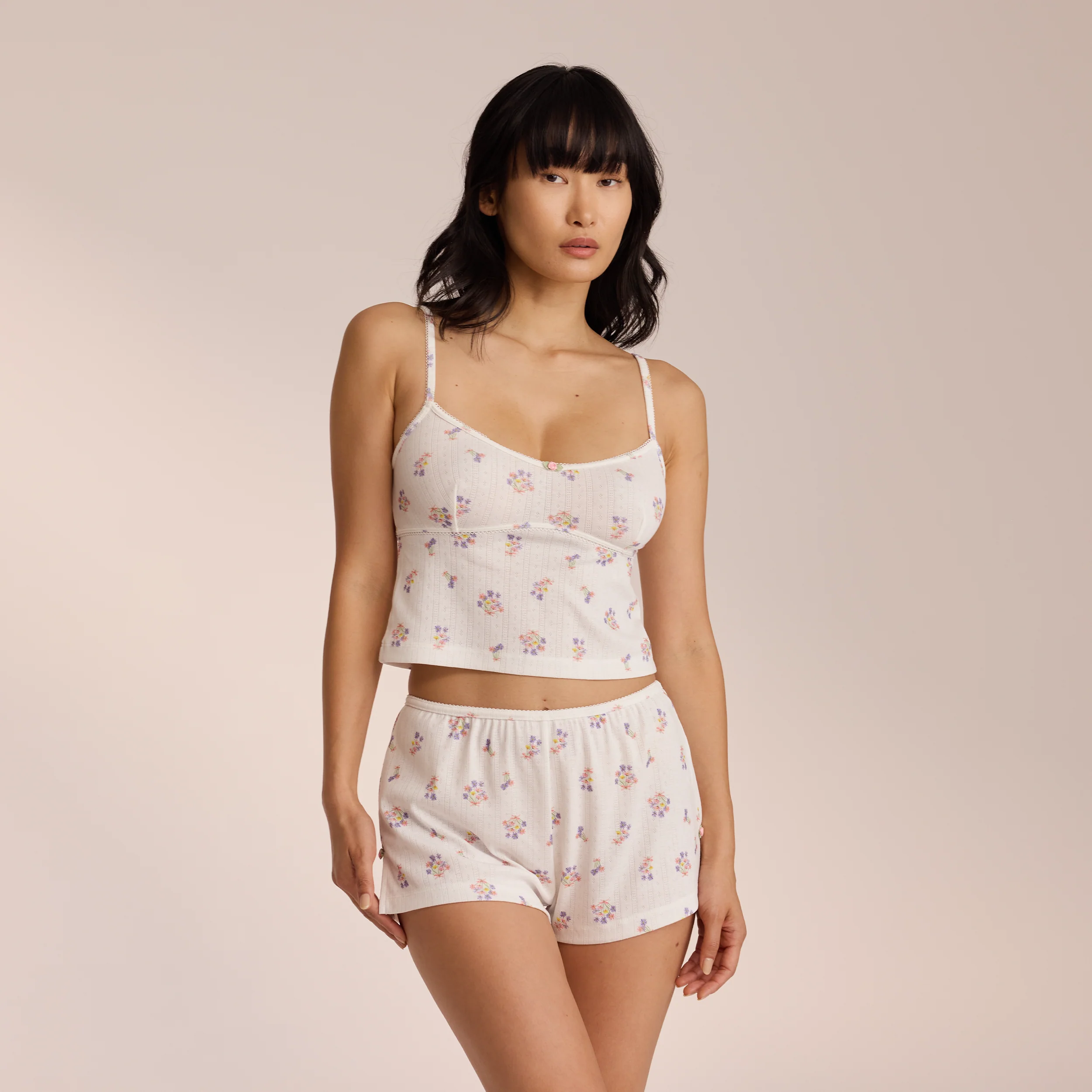Pointelle Cami Pajama Top - White Floral