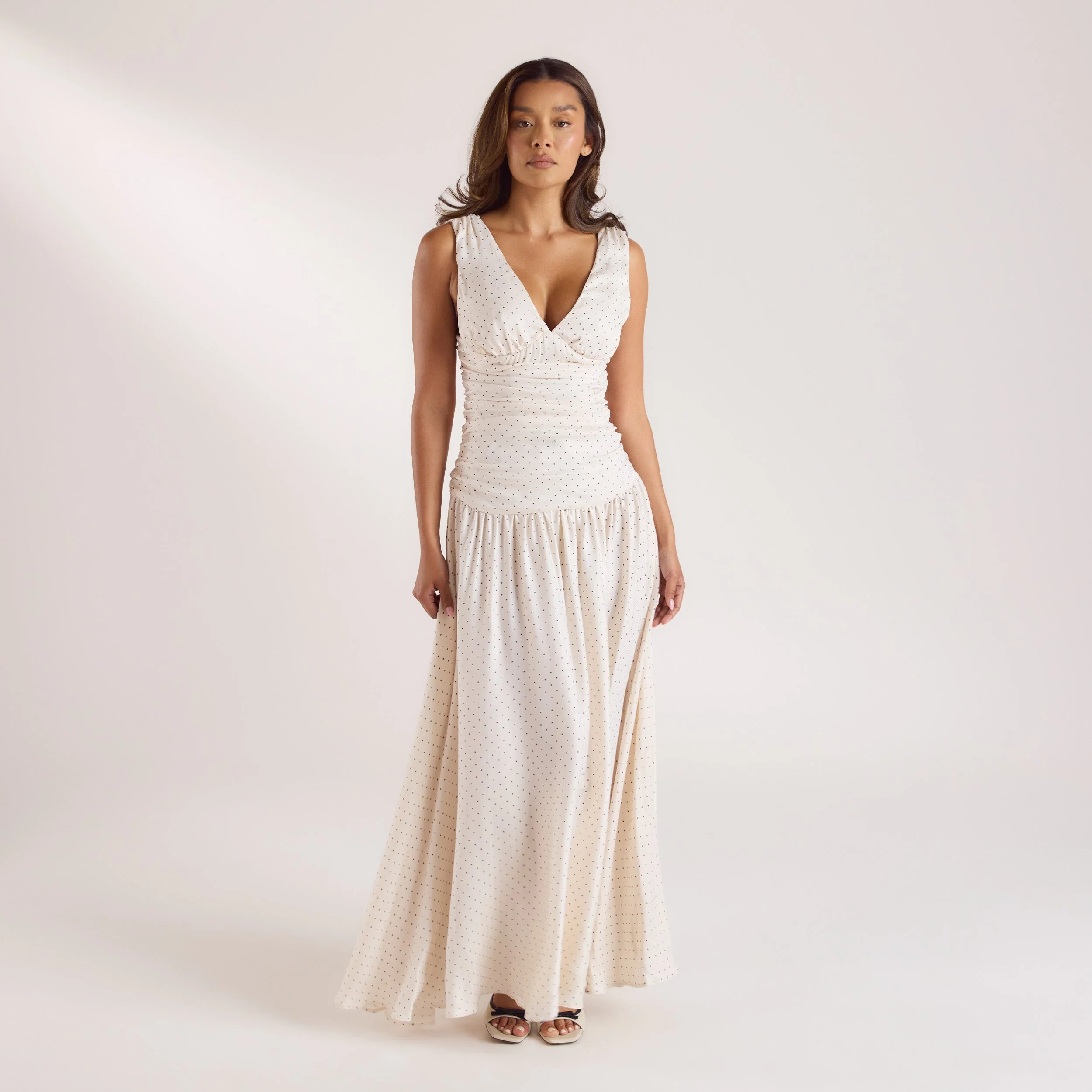Cupro Blend Maxi Dress - White Polka Dot