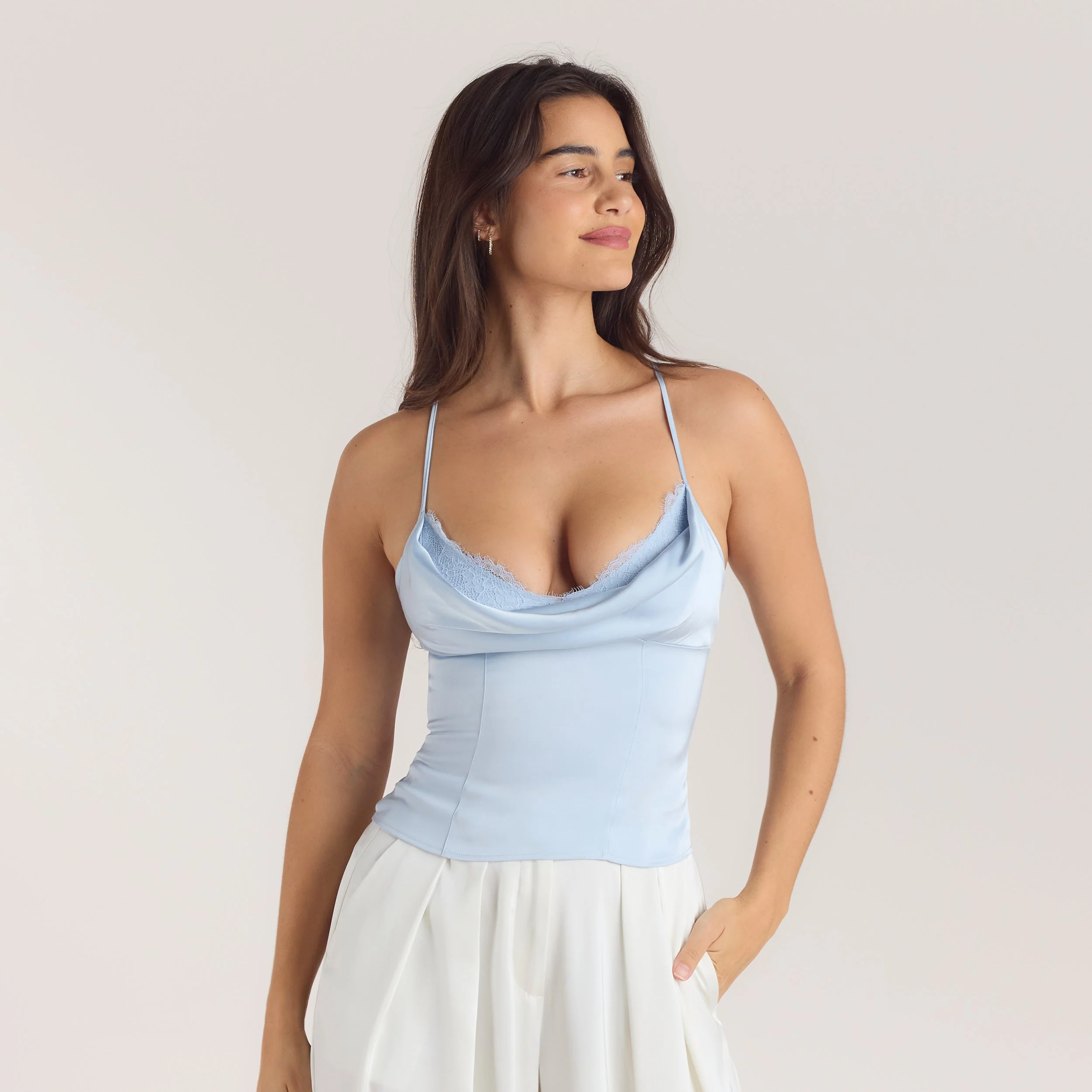 Satin Cowl Neck Cami Top - Blue