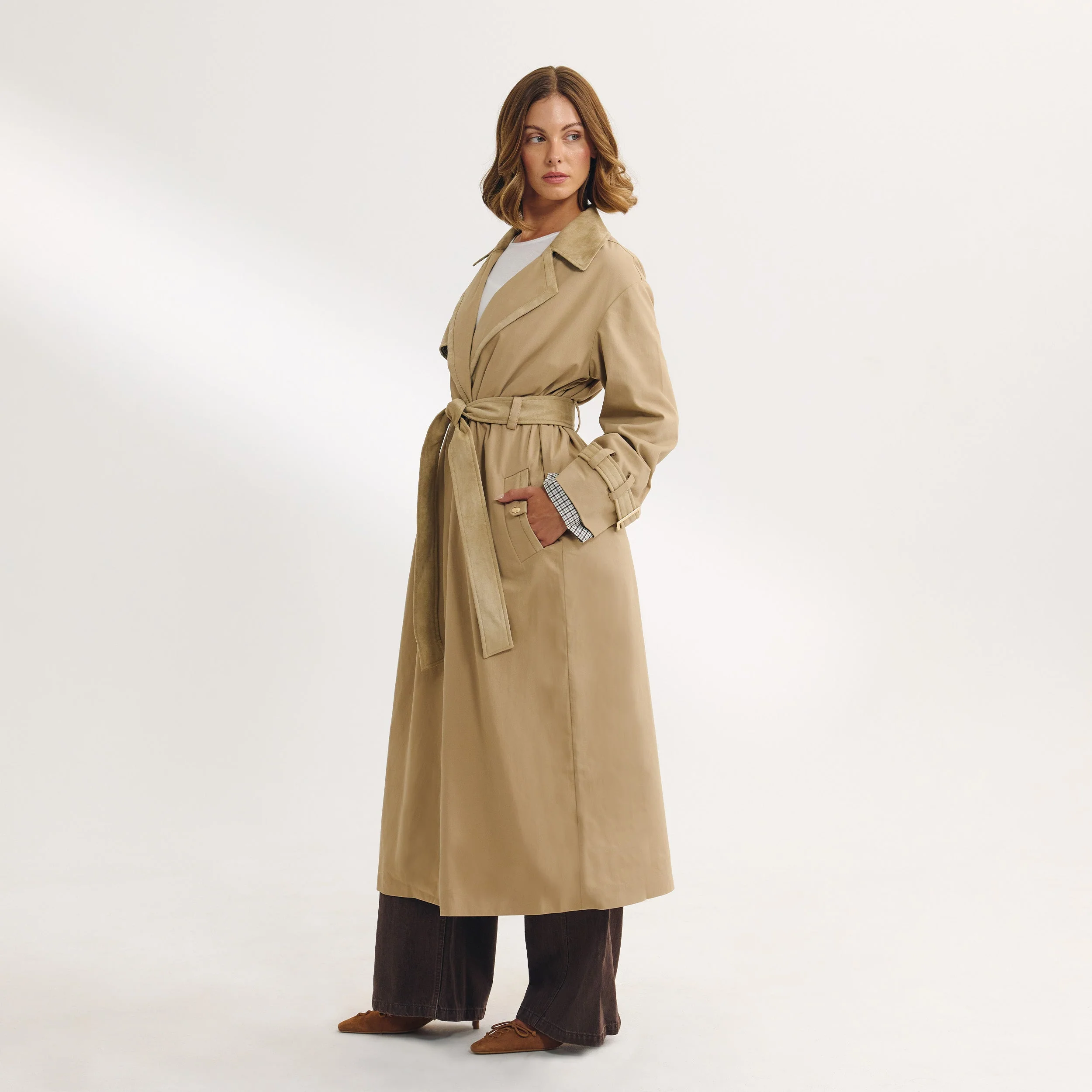 Suedette Trim Trench Coat - Sand