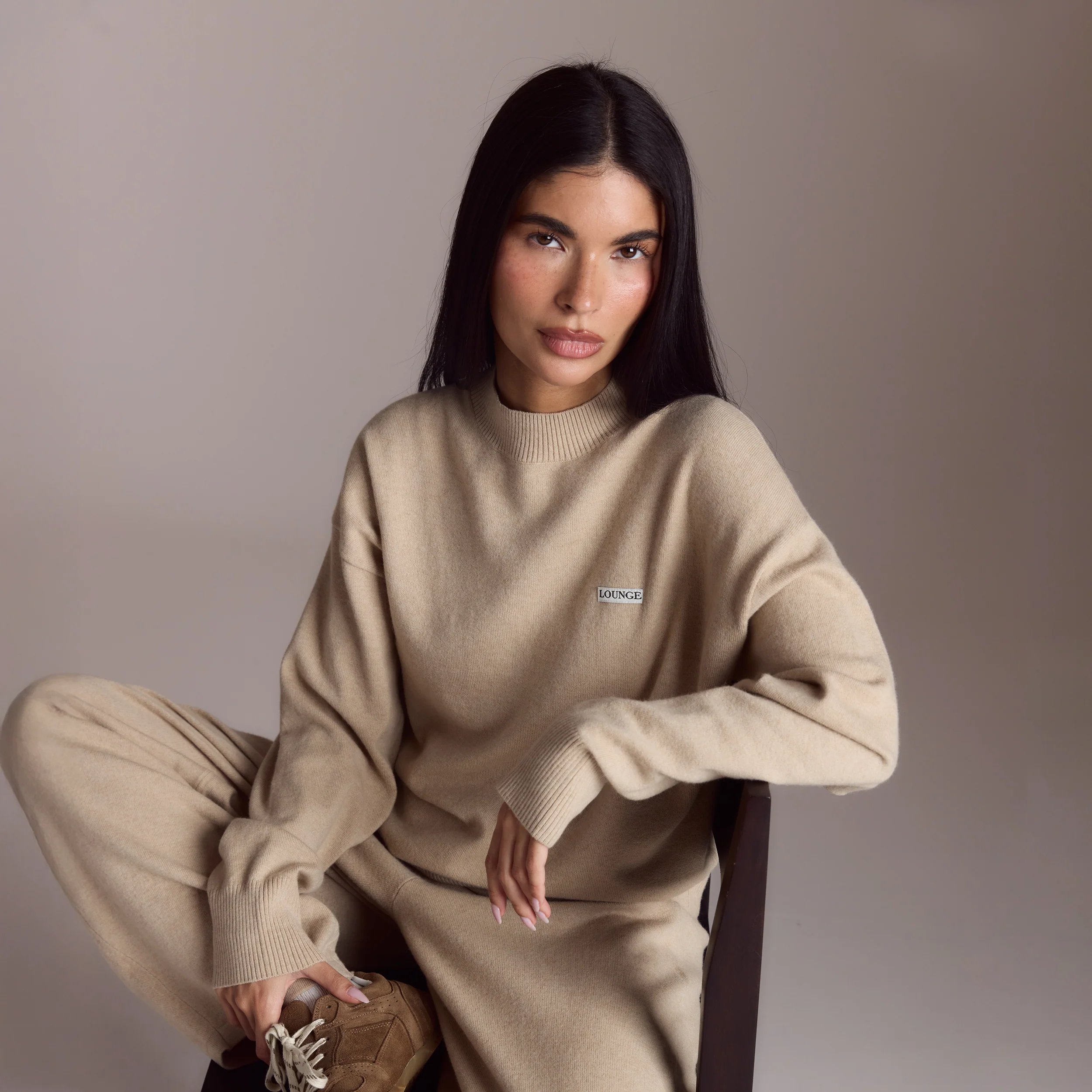 Cuffed Crew Neck Knitted Jumper - Oatmeal Marl