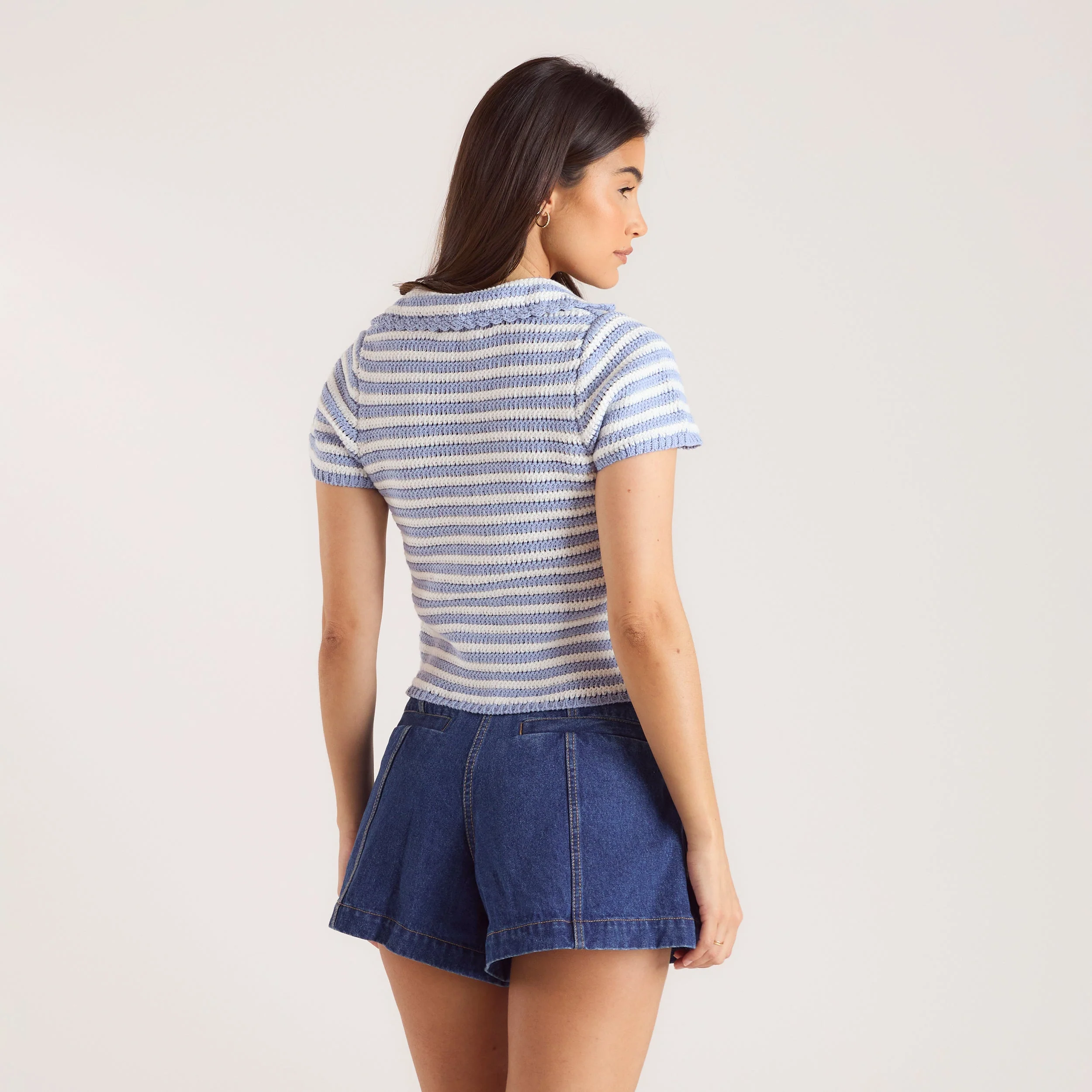 Crochet Polo Top - Blue Stripe