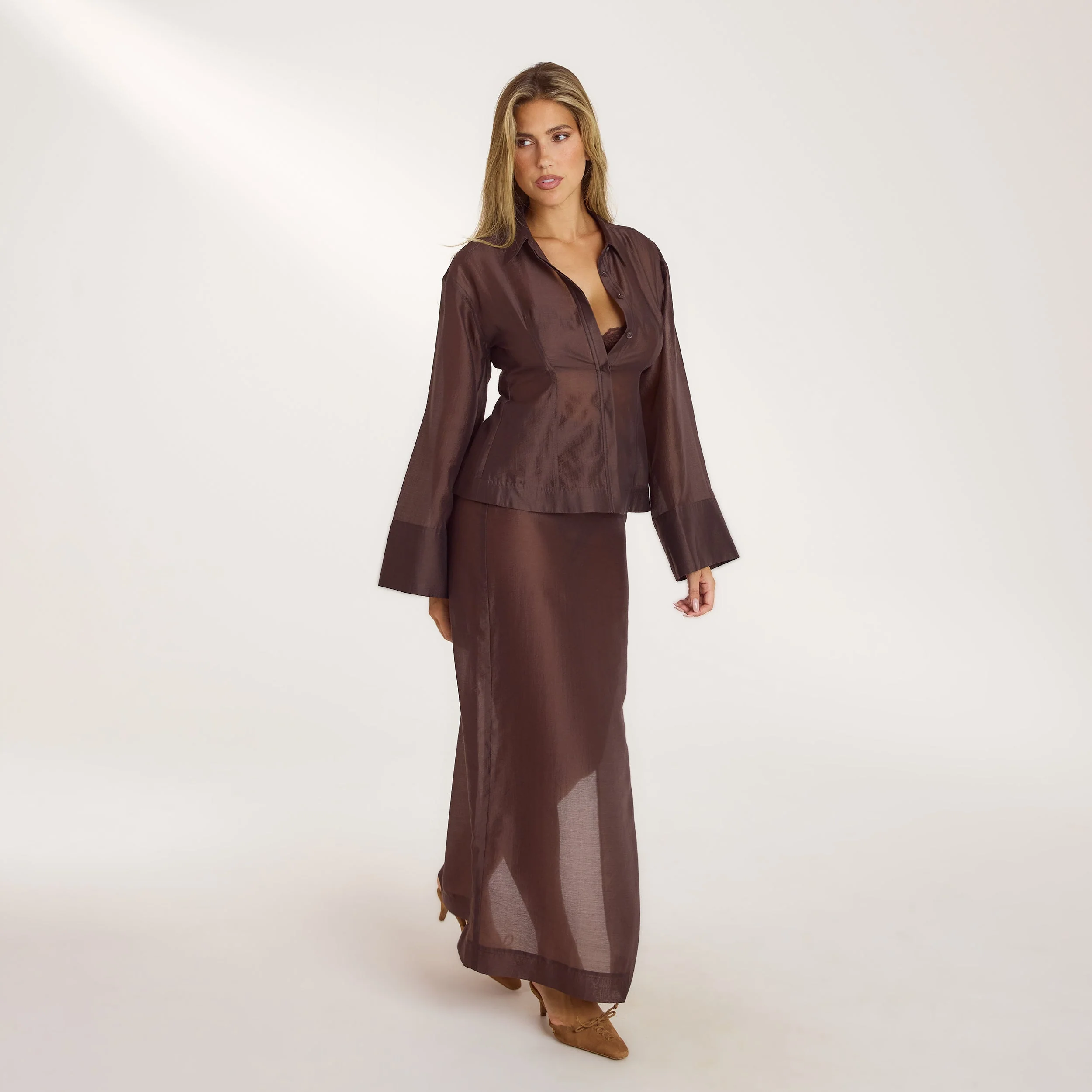 Fitted Sheer Shirt - Chocolate