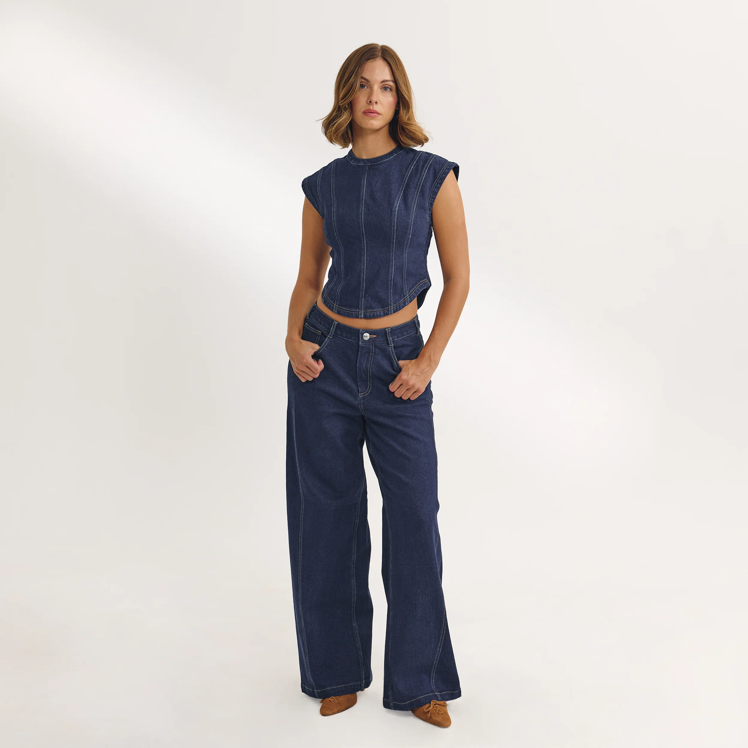 Dipped-Waist Wide-Leg Jeans - Indigo Blue