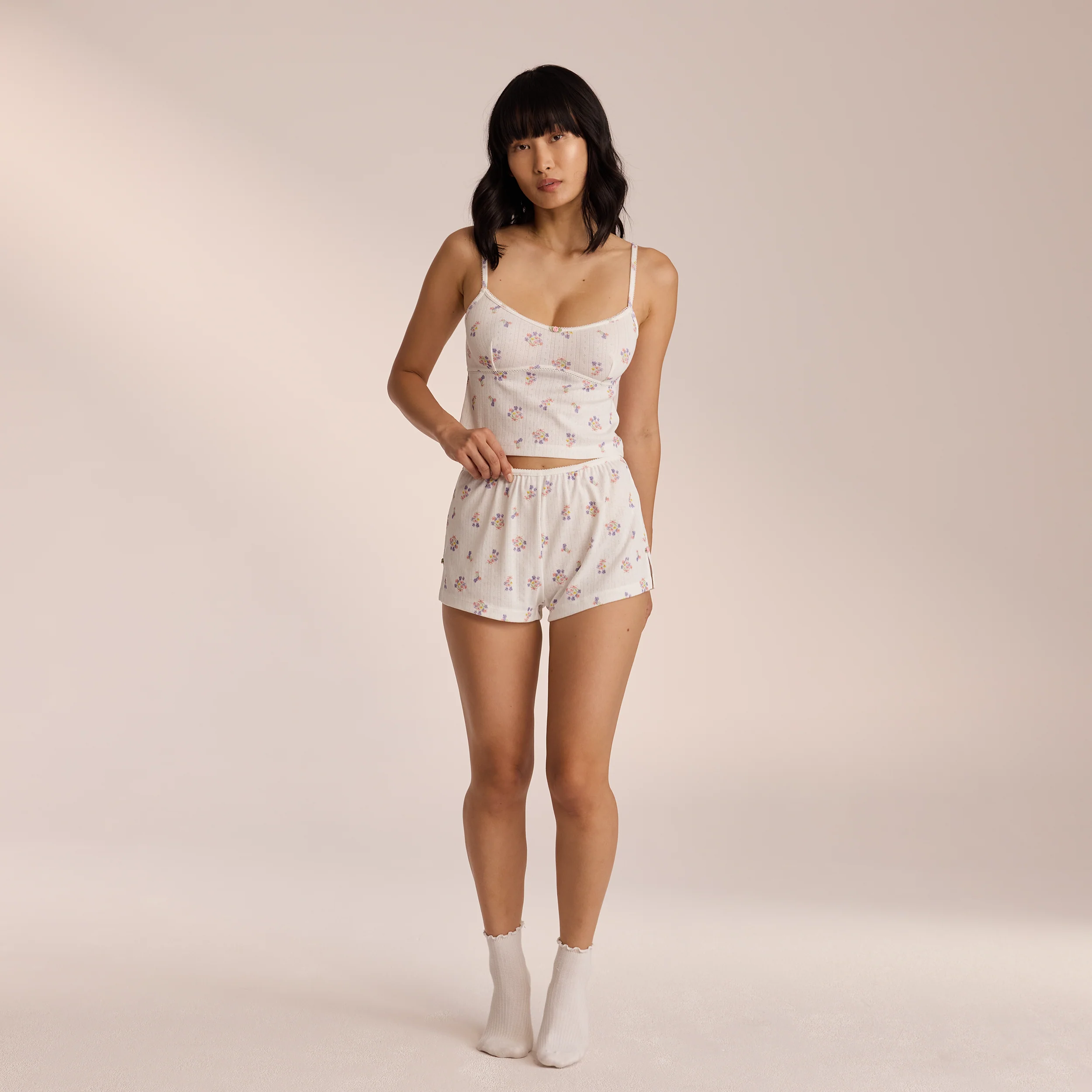 Pointelle Pajama Shorts - White Floral