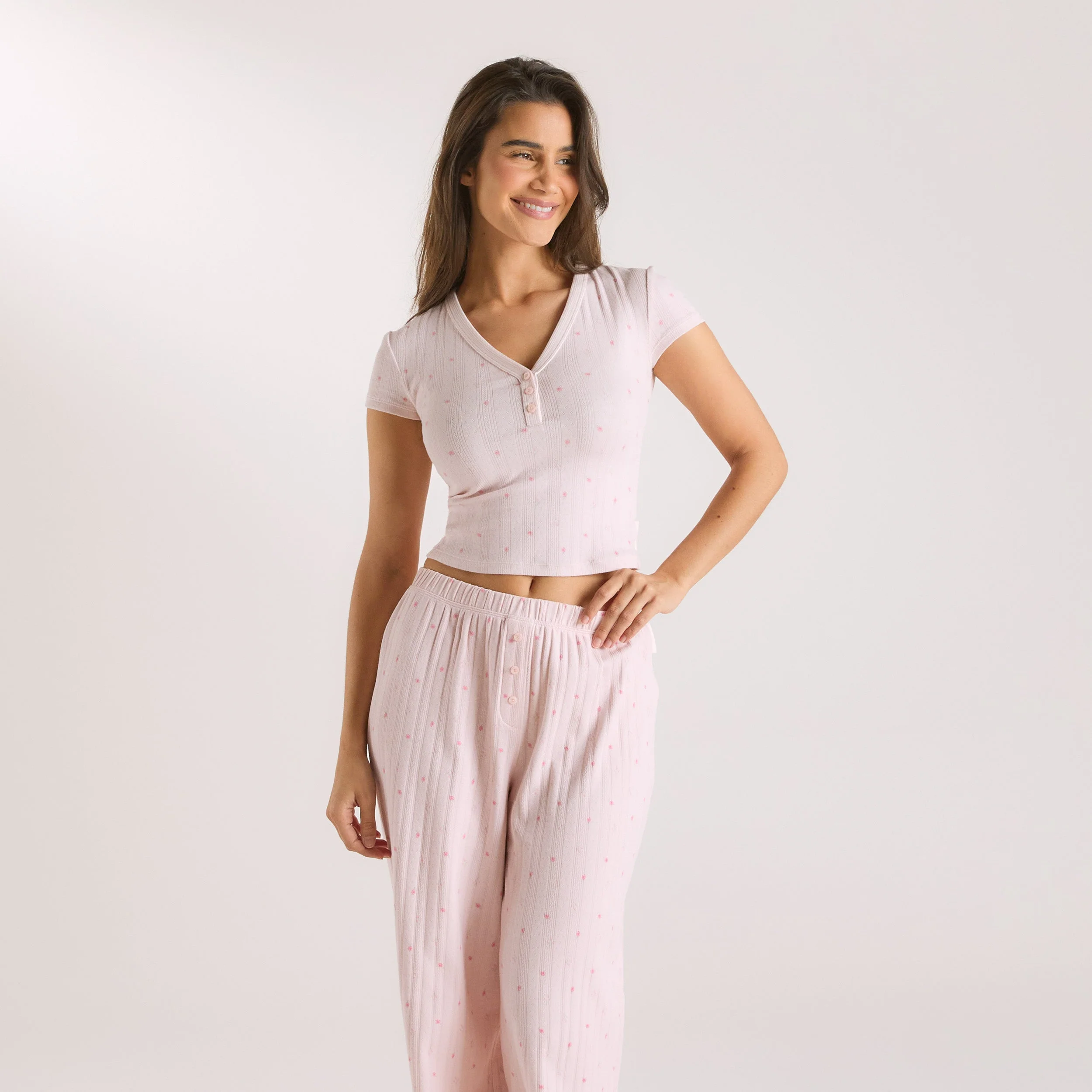 Pointelle Pajama Top - Pink Floral